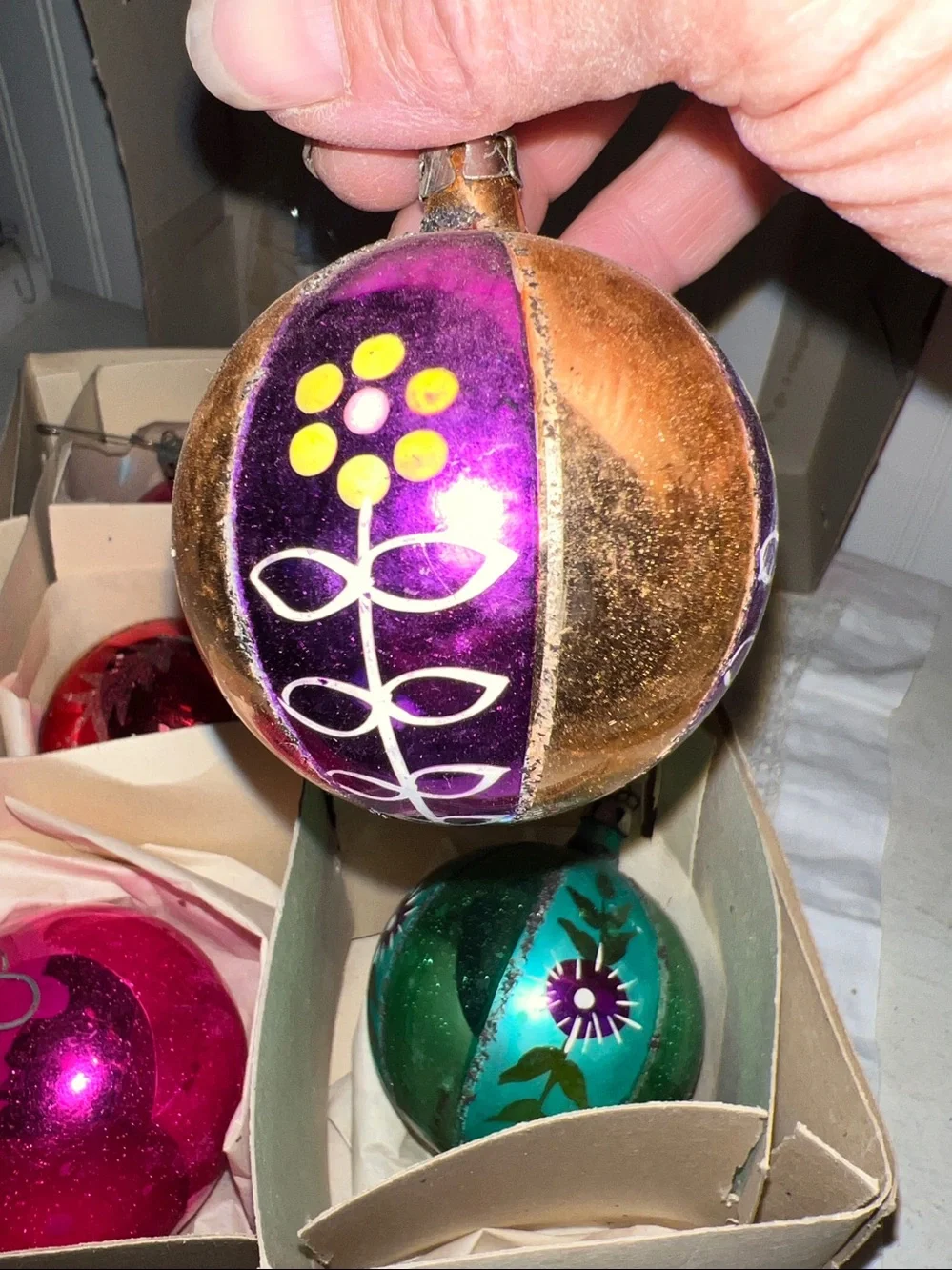 Mixed Lot Vintage Mercury Glass Ornaments hot pink & decorated mica
